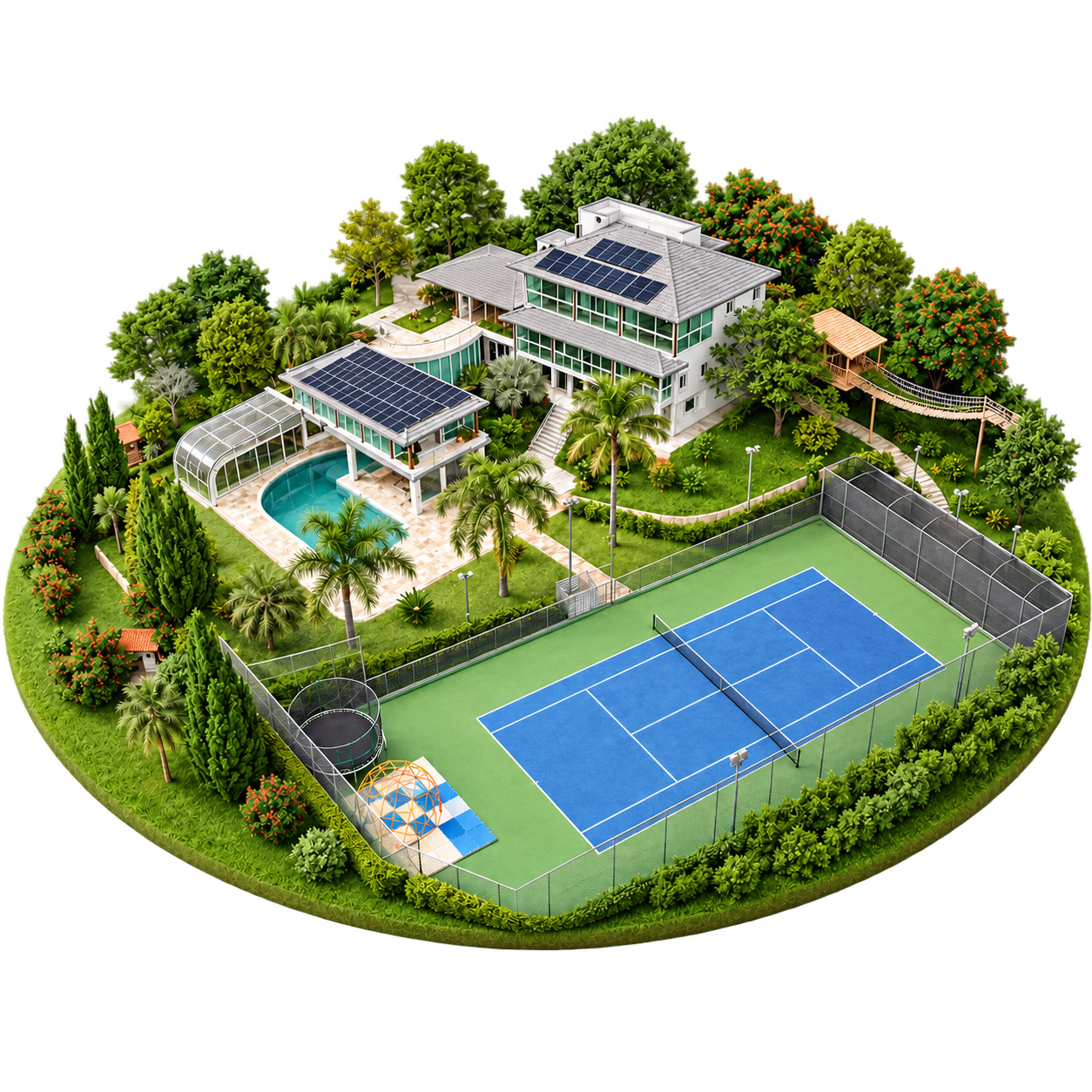 Vista aérea ilustrada da Casa Resort com piscina, quadra de tênis e área verde